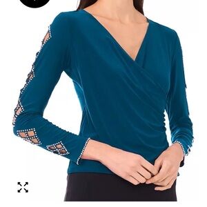 NWT MSK Teal Drape Blouse with Beaded Accents
